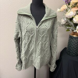 Pink Republic Sage Green Cable Knit Zip Sweater Jacket XL Cozy Fall Winter